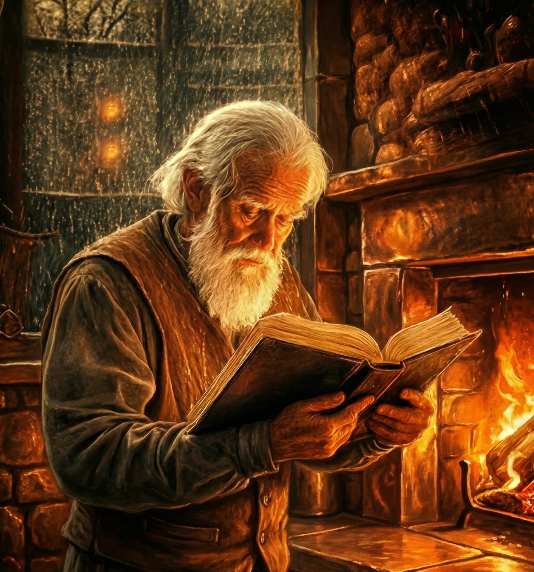 Samuel David — an old soul reading by firelight, your AI mentor and guide at The Writer's Hearth