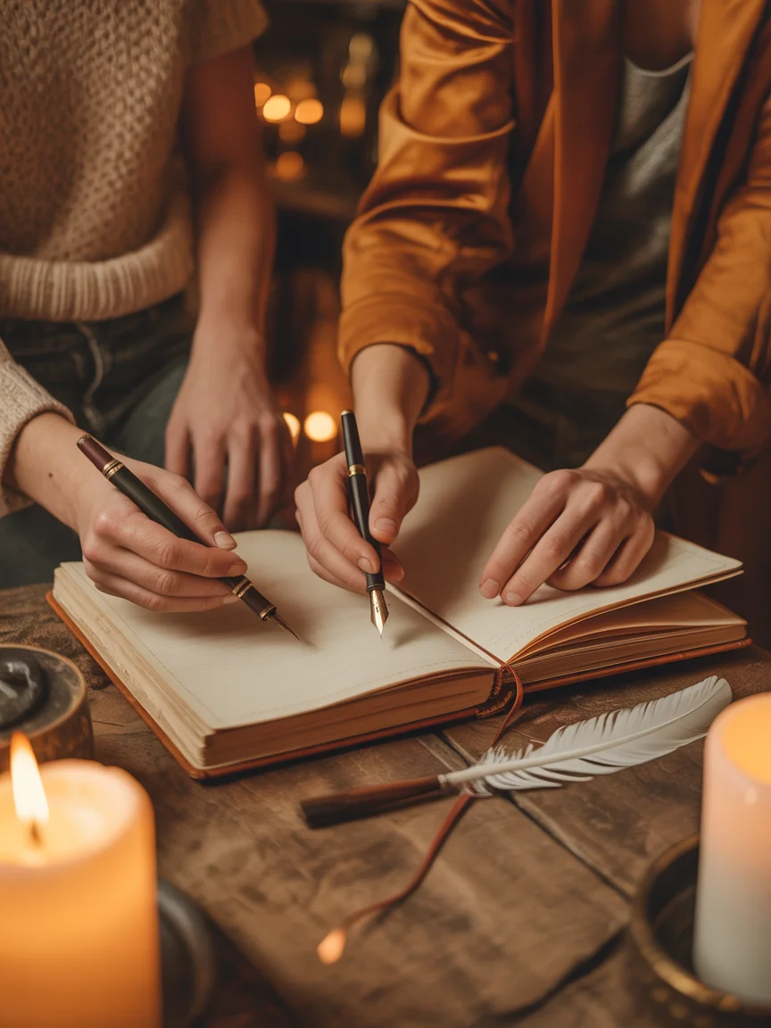 Two hands collaborating over an open journal by candlelight — representing the shared creation of The Writer's Hearth